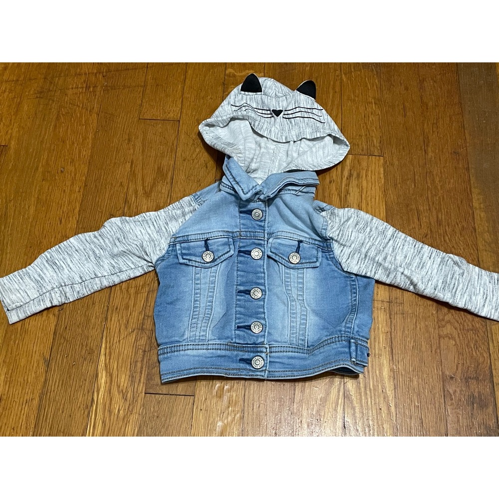 Cat & Jack Baby Girls Blue Denim Jacket Grey Jersey Hooded Cat Ears 18M